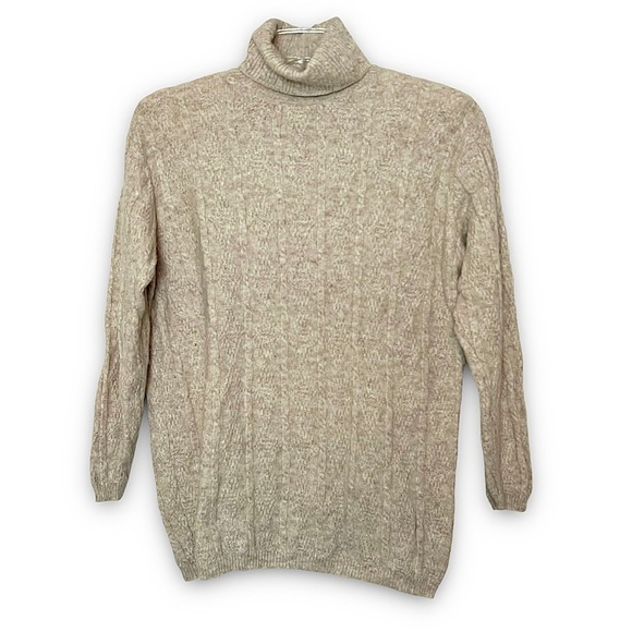 VINTAGE 80s Angora Lambswool Diamond Cable Knit Oversized Turtleneck Sweater M - Picture 1 of 4